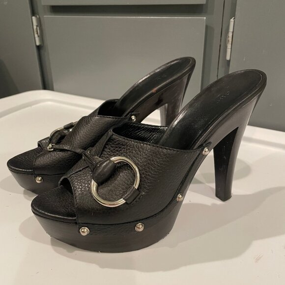 GUCCI - Black Leather Platform Clogs w Silver Buckle and Studs (US 9) - Picture 1 of 5